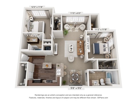 Floor plan for 2 beds, 2 baths, 1131 sqft